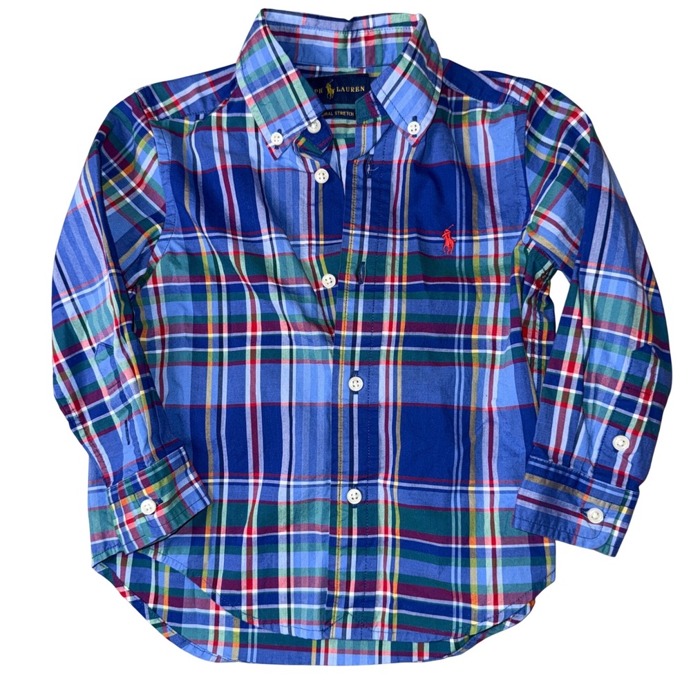 Ralph Lauren Plaid Button Down Shirt 2T Blue Multi Natural Stretch Long Sleeve